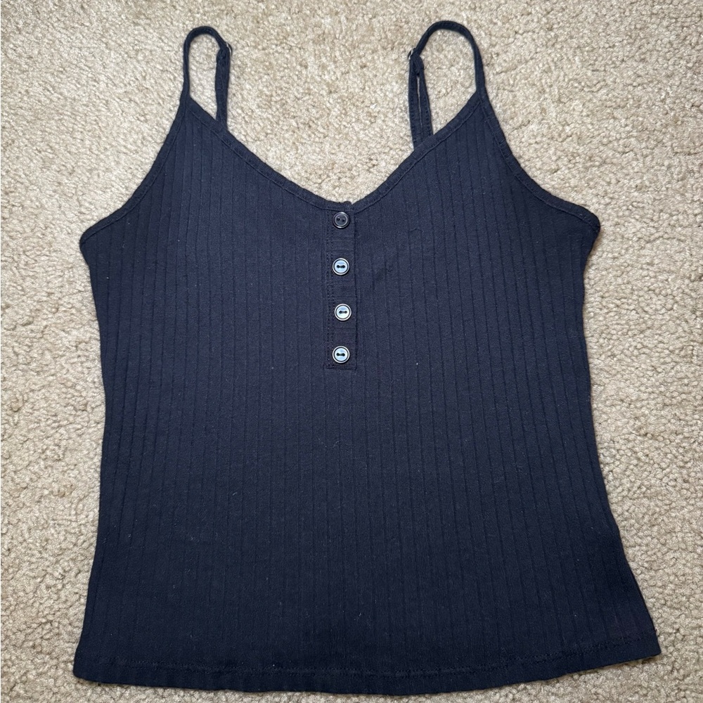 Black Ribbed Button-Up Tank Top